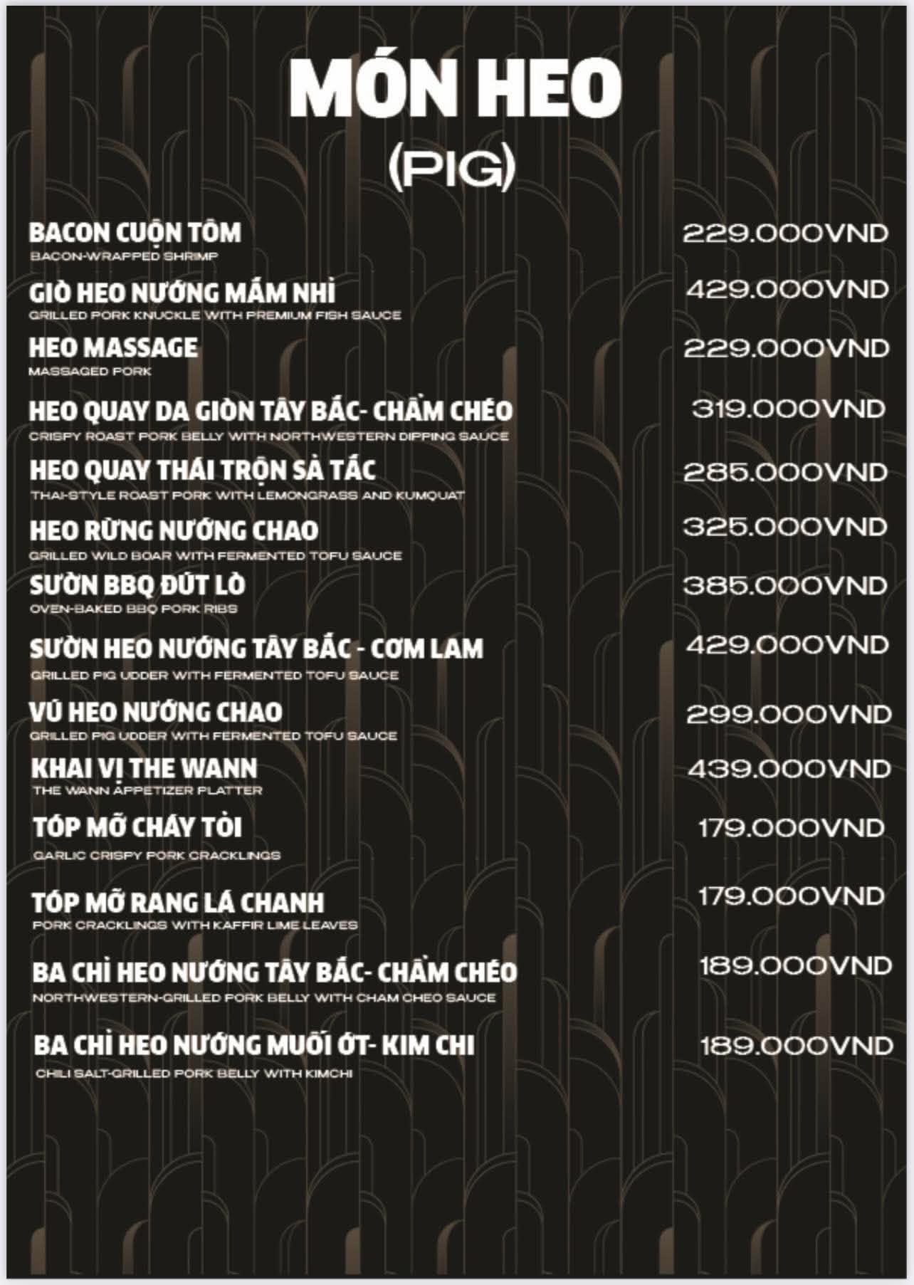 Menu The Wann — các món heo: sườn BBQ đút lò, heo quay da giòn Tây Bắc