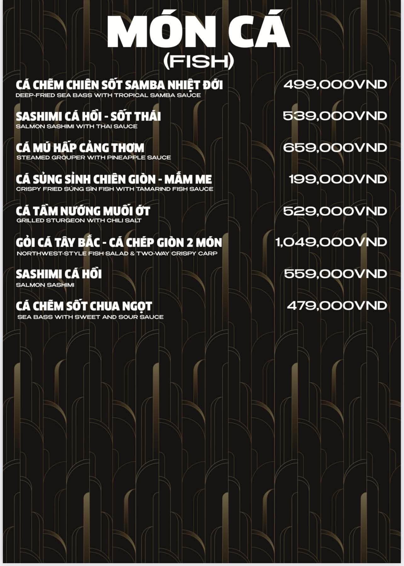 Menu The Wann — các món cá: cá chẽm chiên sốt samba, sashimi cá hồi
